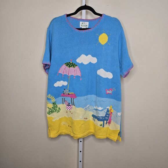 The Quacker Factory Tops - The Quacker Factory Beach Scene Knit Short Sleeve Tunic Top Beaded Size XL